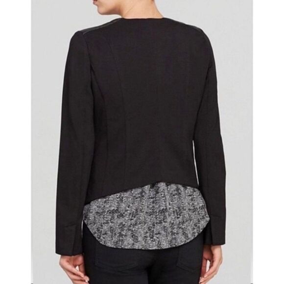 Eileen Fisher Hi-Lo Black Open Front Leather Trim Blazer Jacket - Picture 8 of 8